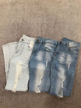 Kid’s Distressed Stretch Skinny Jeans - Light Blue & Medium Blue